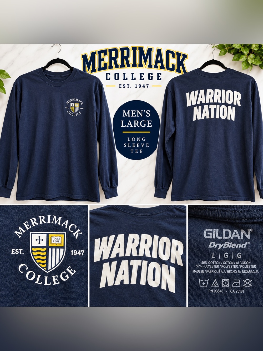 Men’s Large Merrimack College Warrior Nation Long Sleeve Tee in Navy